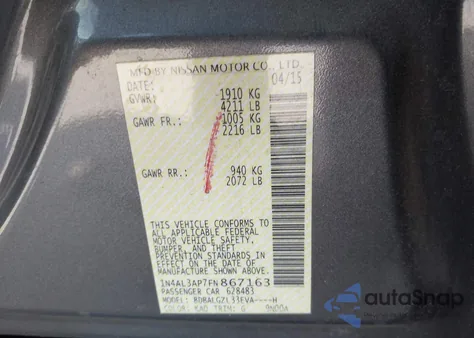 2015 Nissan Altima 2.5 S из США, поврежденный, VIN 1N4AL3AP7FN867163